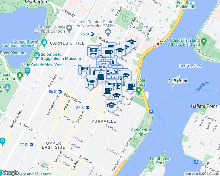 map of restaurants, bars, coffee shops, grocery stores, and more near 316 East 91st Street in New York