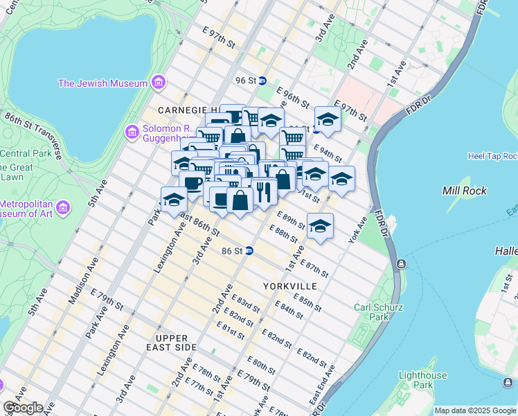 map of restaurants, bars, coffee shops, grocery stores, and more near 232 East 90th Street in New York