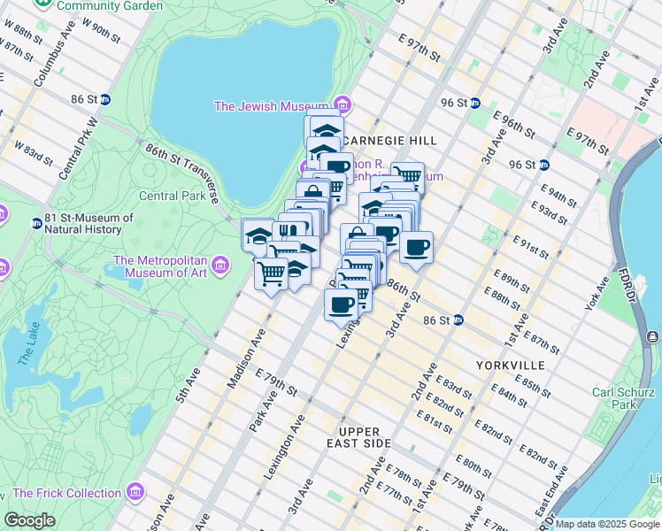 map of restaurants, bars, coffee shops, grocery stores, and more near 1040 Park Avenue in New York