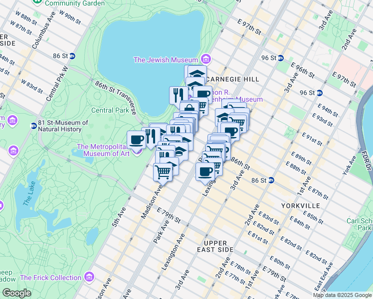 map of restaurants, bars, coffee shops, grocery stores, and more near 1161 Madison Avenue in New York