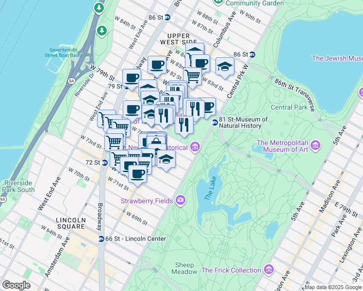 map of restaurants, bars, coffee shops, grocery stores, and more near 44 West 77th Street in New York