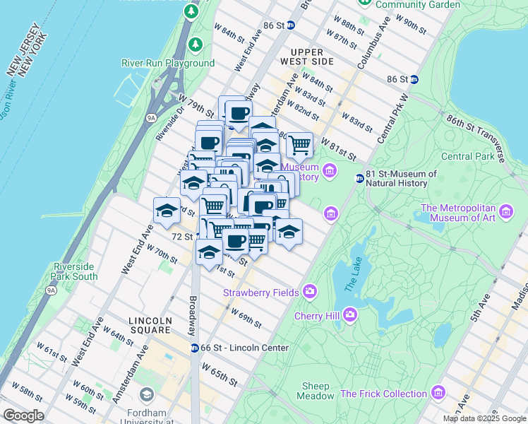 map of restaurants, bars, coffee shops, grocery stores, and more near 141 West 77th Street in New York