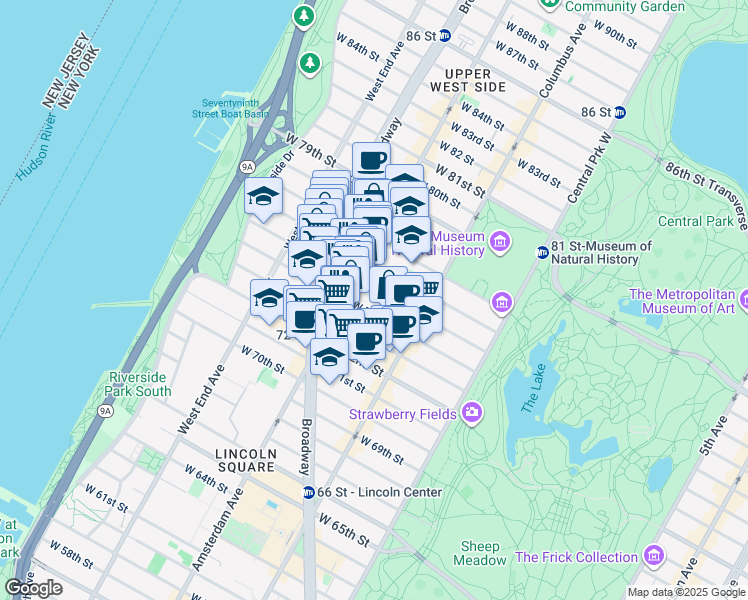 map of restaurants, bars, coffee shops, grocery stores, and more near in New York