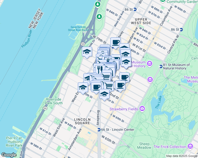 map of restaurants, bars, coffee shops, grocery stores, and more near in New York