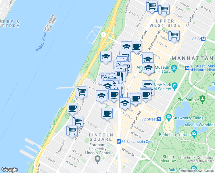 map of restaurants, bars, coffee shops, grocery stores, and more near in New York