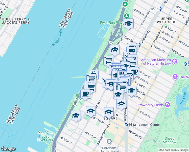 map of restaurants, bars, coffee shops, grocery stores, and more near 240 Riverside Boulevard in New York