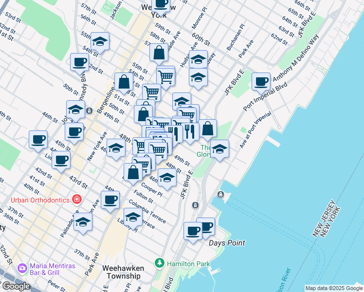 map of restaurants, bars, coffee shops, grocery stores, and more near 5001 5101 Park Avenue in West New York