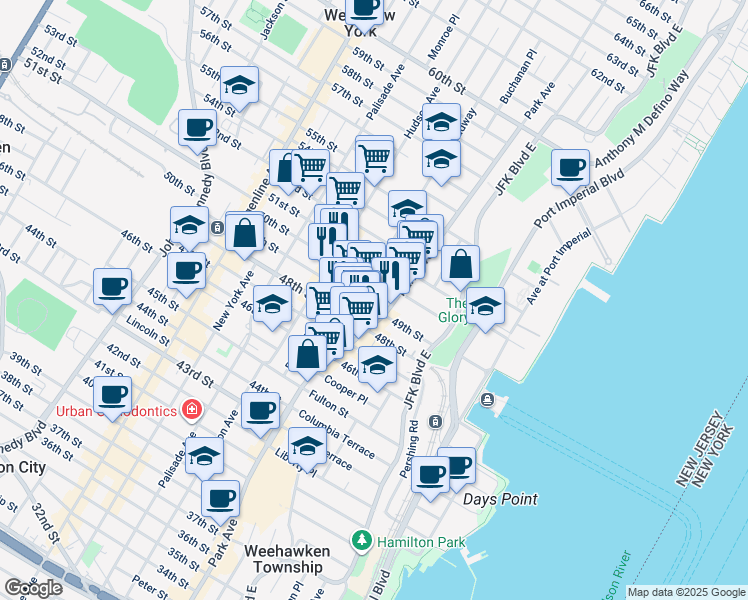 map of restaurants, bars, coffee shops, grocery stores, and more near 4915 Broadway in West New York