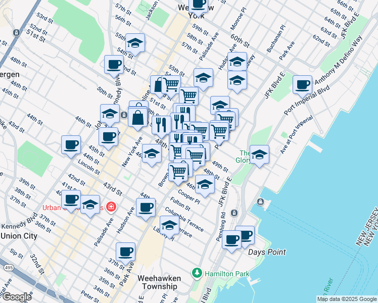 map of restaurants, bars, coffee shops, grocery stores, and more near 149-51 49th Street in Union City