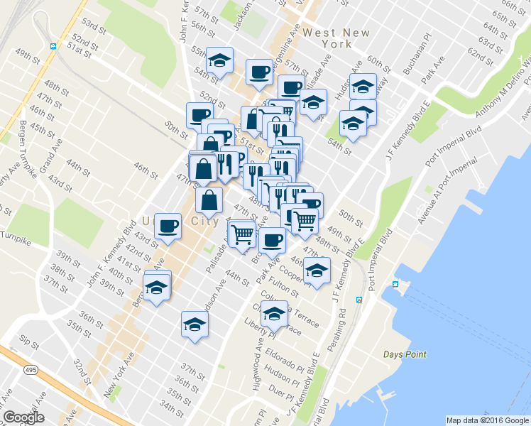 map of restaurants, bars, coffee shops, grocery stores, and more near 218 48th Street in Union City