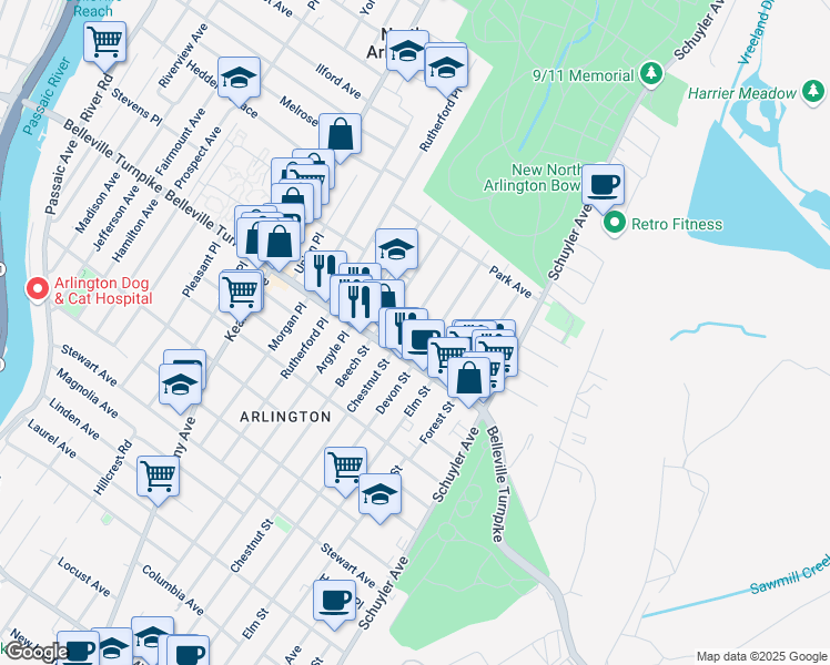 map of restaurants, bars, coffee shops, grocery stores, and more near 50 Exton Avenue in North Arlington