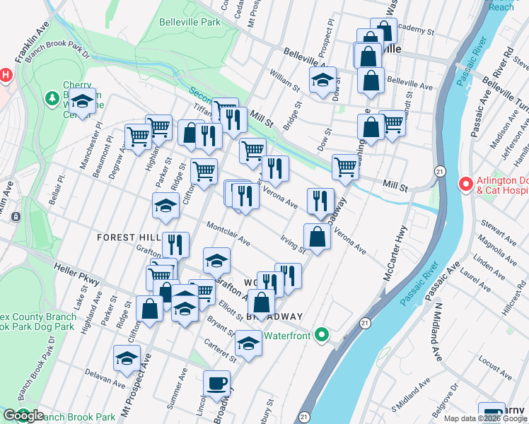 map of restaurants, bars, coffee shops, grocery stores, and more near 87 Winthrop Street in Newark