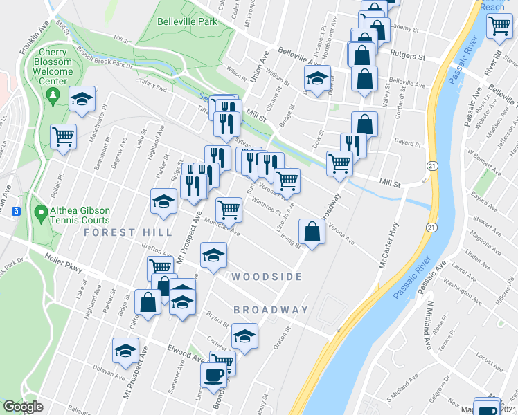 map of restaurants, bars, coffee shops, grocery stores, and more near 87 Winthrop Street in Newark