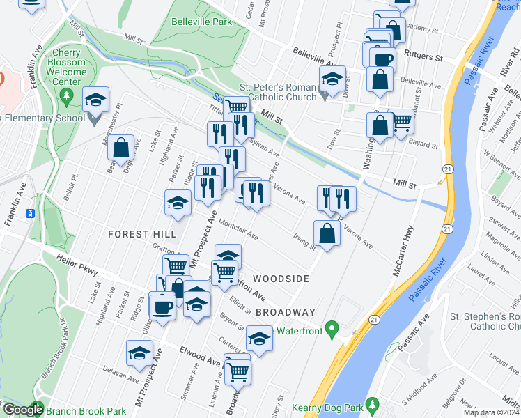 map of restaurants, bars, coffee shops, grocery stores, and more near 87 Winthrop Street in Newark