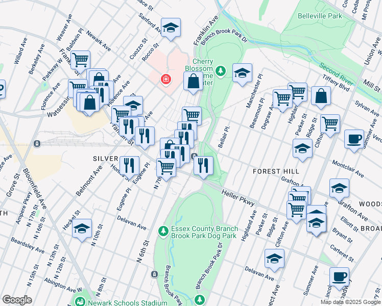 map of restaurants, bars, coffee shops, grocery stores, and more near 935 Franklin Avenue in Newark