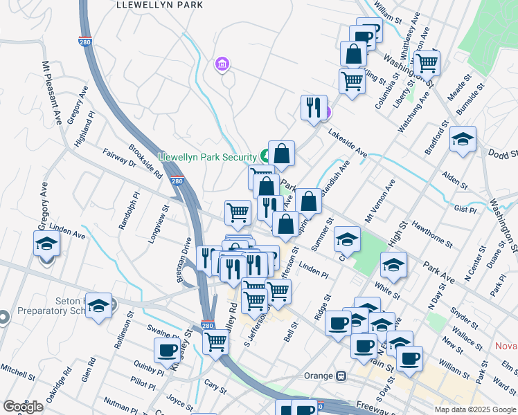 map of restaurants, bars, coffee shops, grocery stores, and more near 2 Llewellyn Place in West Orange