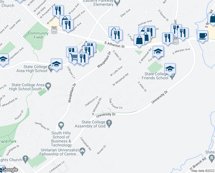map of restaurants, bars, coffee shops, grocery stores, and more near 198 W Lytle Ave in State College