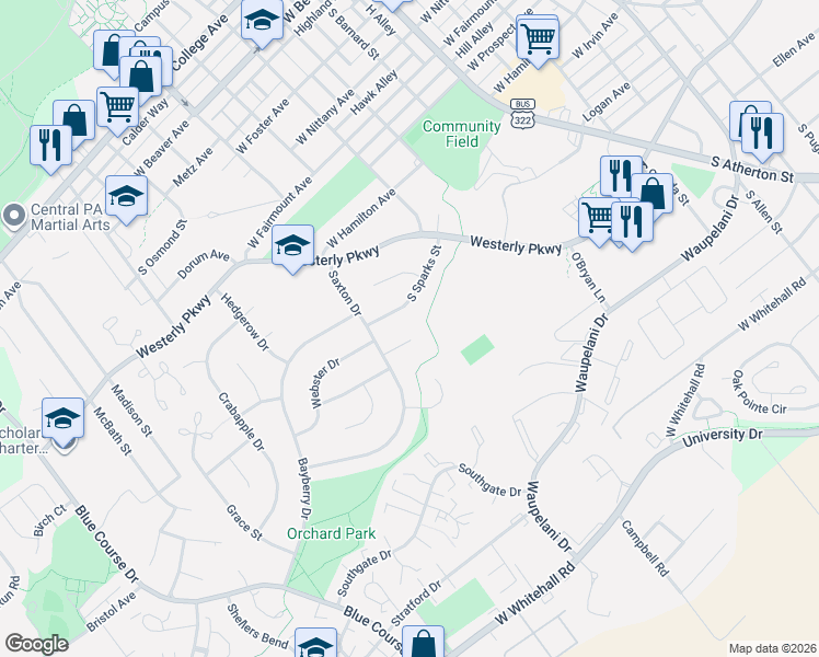 map of restaurants, bars, coffee shops, grocery stores, and more near 918 South Sparks Street in State College
