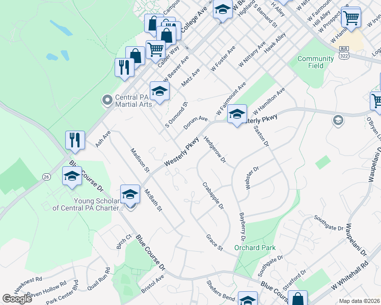 map of restaurants, bars, coffee shops, grocery stores, and more near 1136-1198 Westerly Pkwy in State College