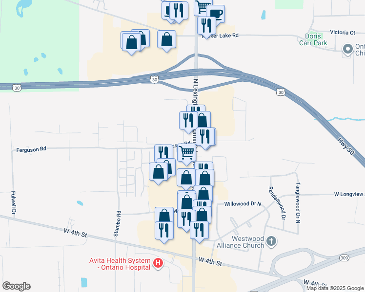 map of restaurants, bars, coffee shops, grocery stores, and more near 1023 Lexington-Springmill Rd N in Mansfield