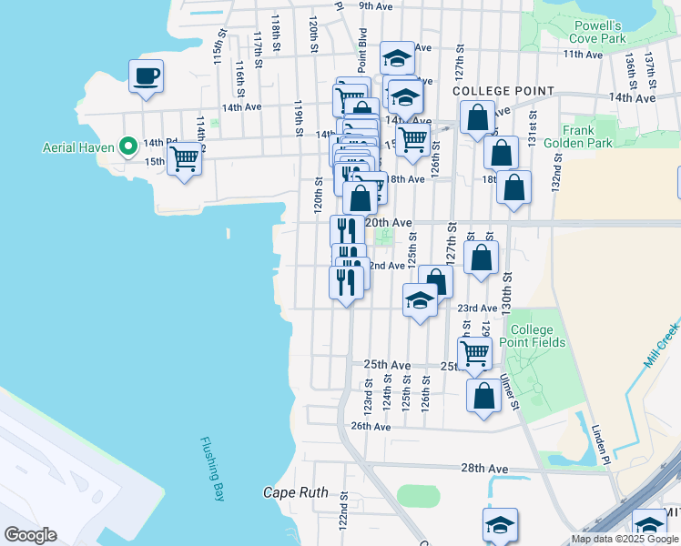 map of restaurants, bars, coffee shops, grocery stores, and more near 20-39 121st Street in Queens