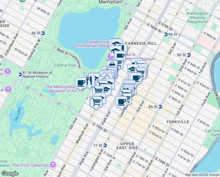 map of restaurants, bars, coffee shops, grocery stores, and more near 38 East 85th Street in New York