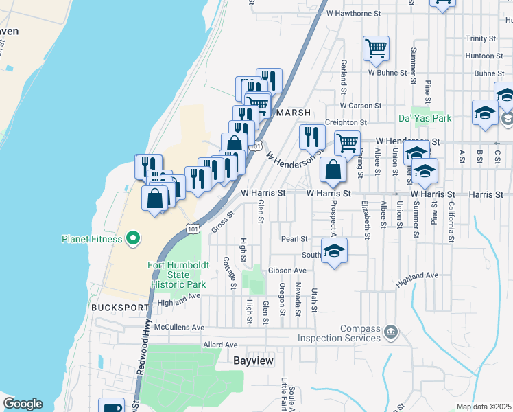 map of restaurants, bars, coffee shops, grocery stores, and more near in Eureka