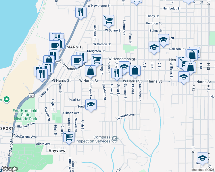 map of restaurants, bars, coffee shops, grocery stores, and more near 520 West Everding Street in Eureka