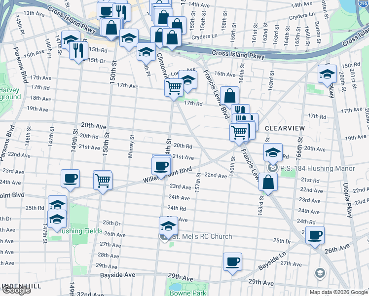 map of restaurants, bars, coffee shops, grocery stores, and more near 154-32 20th Avenue in Queens