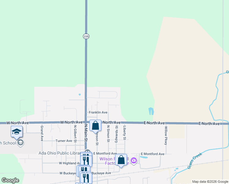 map of restaurants, bars, coffee shops, grocery stores, and more near 746 North Main Street in Ada