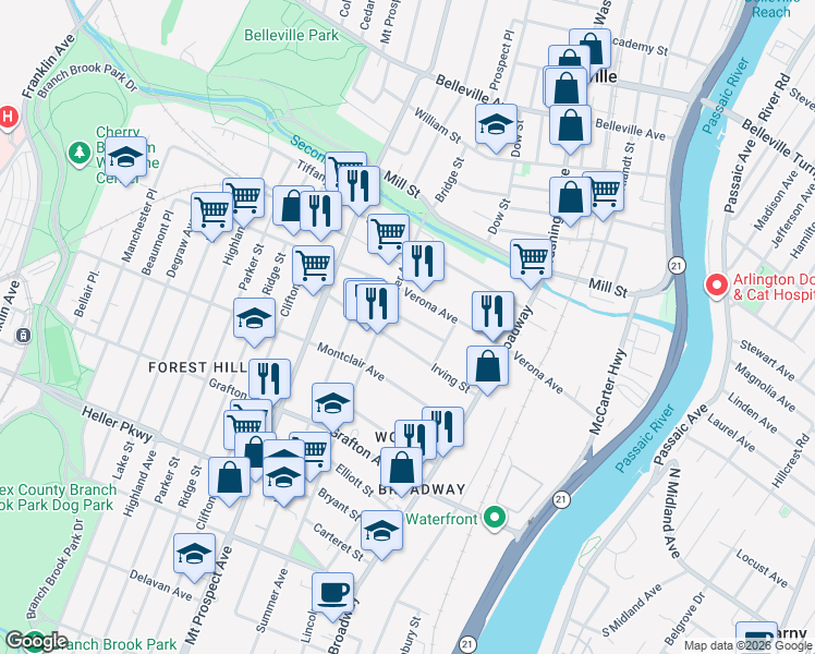 map of restaurants, bars, coffee shops, grocery stores, and more near 87 Winthrop Street in Newark