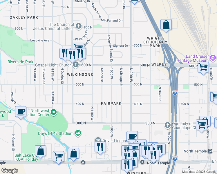 map of restaurants, bars, coffee shops, grocery stores, and more near 1010 West 500 North in Salt Lake City