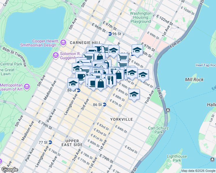 map of restaurants, bars, coffee shops, grocery stores, and more near 236 East 89th Street in New York