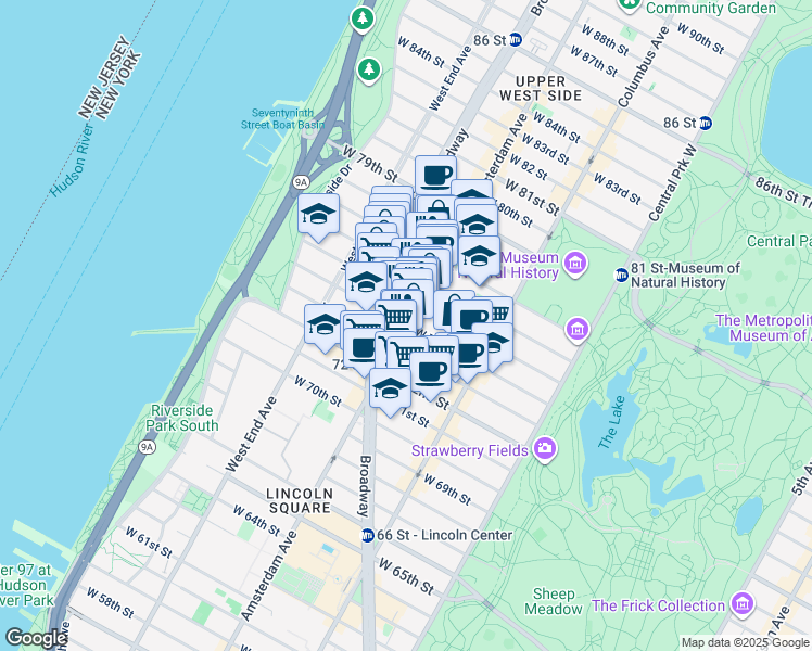 map of restaurants, bars, coffee shops, grocery stores, and more near Amsterdam Ave & W 74th St in New York