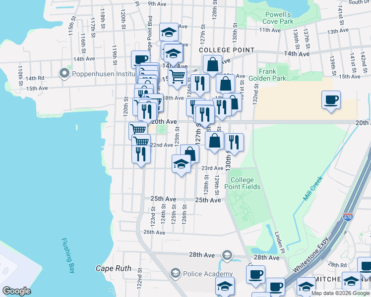 map of restaurants, bars, coffee shops, grocery stores, and more near 20-43 126th Street in Queens