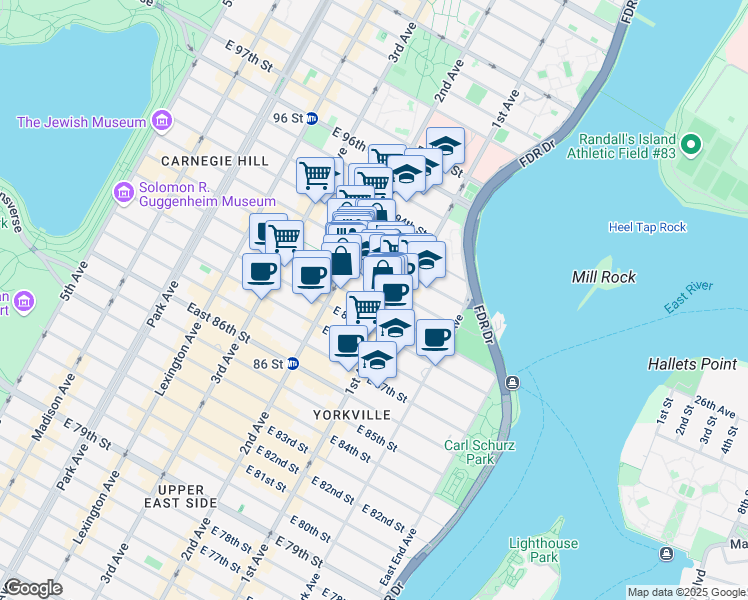 map of restaurants, bars, coffee shops, grocery stores, and more near 329 East 90th Street in New York