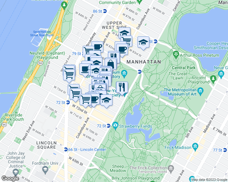 map of restaurants, bars, coffee shops, grocery stores, and more near 46 West 77th Street in New York