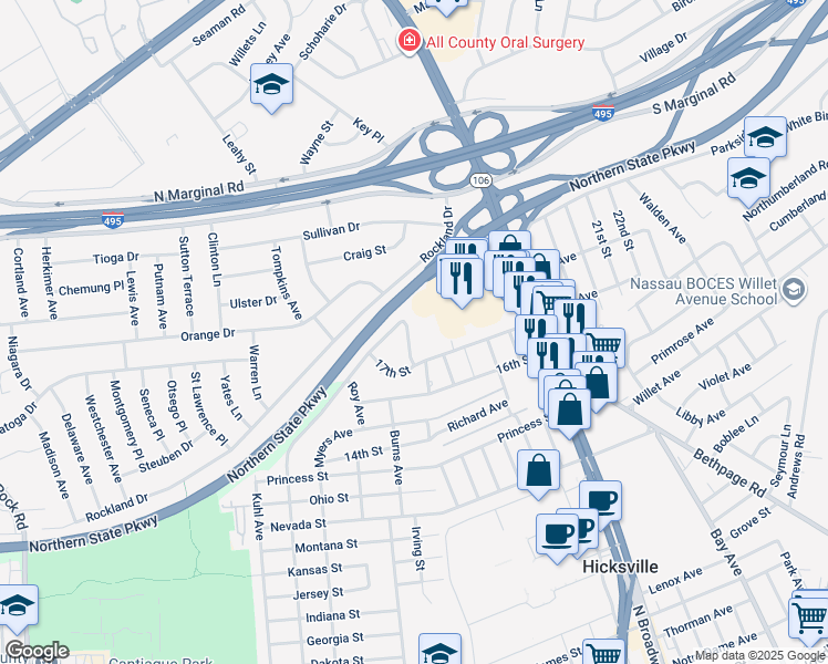 map of restaurants, bars, coffee shops, grocery stores, and more near 215 Gardner Avenue in Jericho