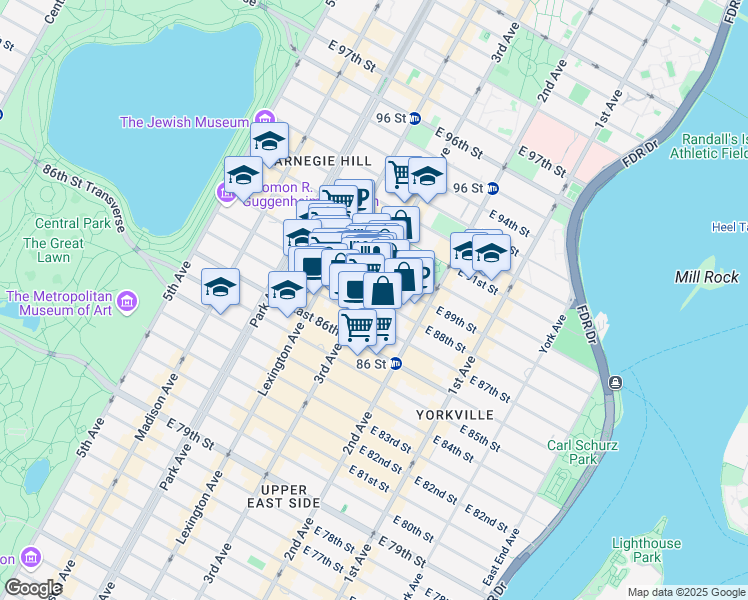 map of restaurants, bars, coffee shops, grocery stores, and more near 204 East 88th Street in New York
