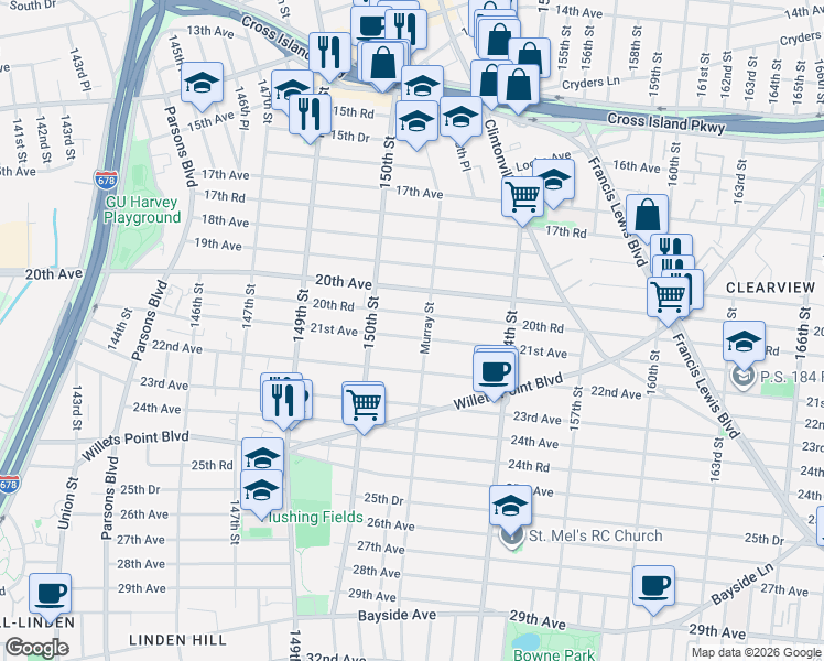 map of restaurants, bars, coffee shops, grocery stores, and more near 151-01 20th Road in Queens