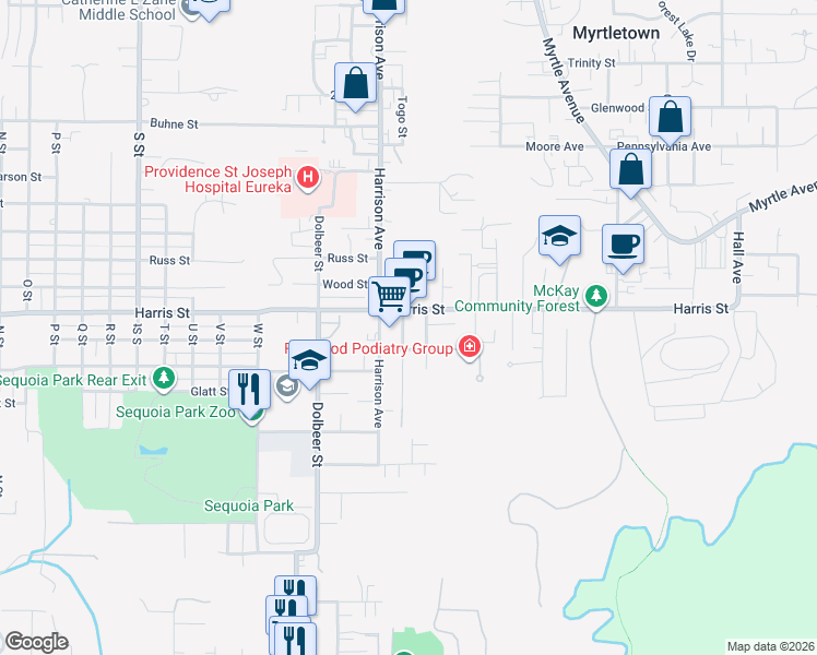 map of restaurants, bars, coffee shops, grocery stores, and more near 3127 Montgomery Street in Eureka