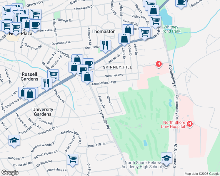 map of restaurants, bars, coffee shops, grocery stores, and more near 28 Cumberland Avenue in Lake Success