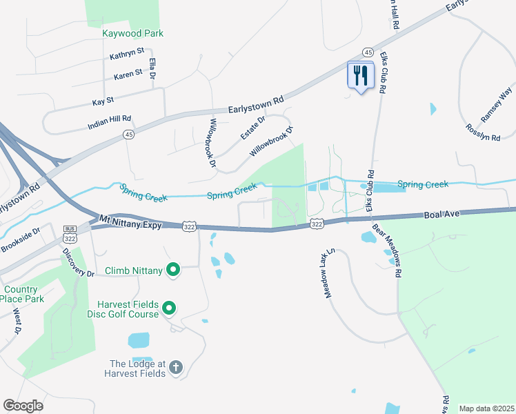 map of restaurants, bars, coffee shops, grocery stores, and more near 108 Huntington Park Drive in Boalsburg