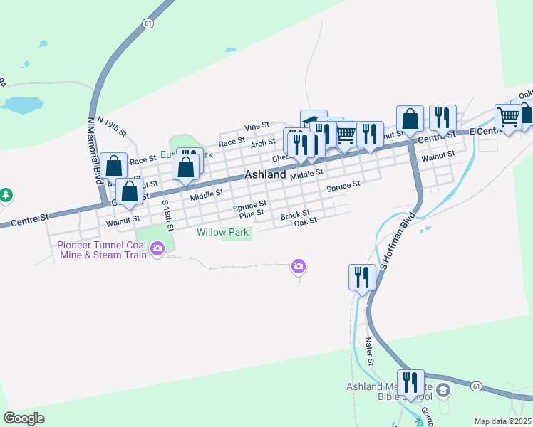 map of restaurants, bars, coffee shops, grocery stores, and more near 1206 Pine Street in Ashland