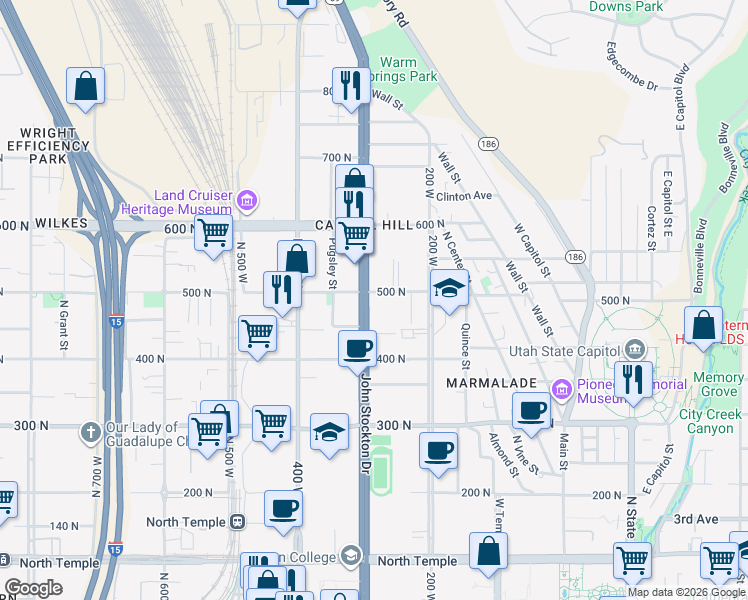 map of restaurants, bars, coffee shops, grocery stores, and more near 480 North 300 West in Salt Lake City