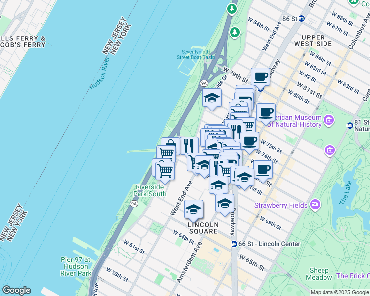 map of restaurants, bars, coffee shops, grocery stores, and more near in New York