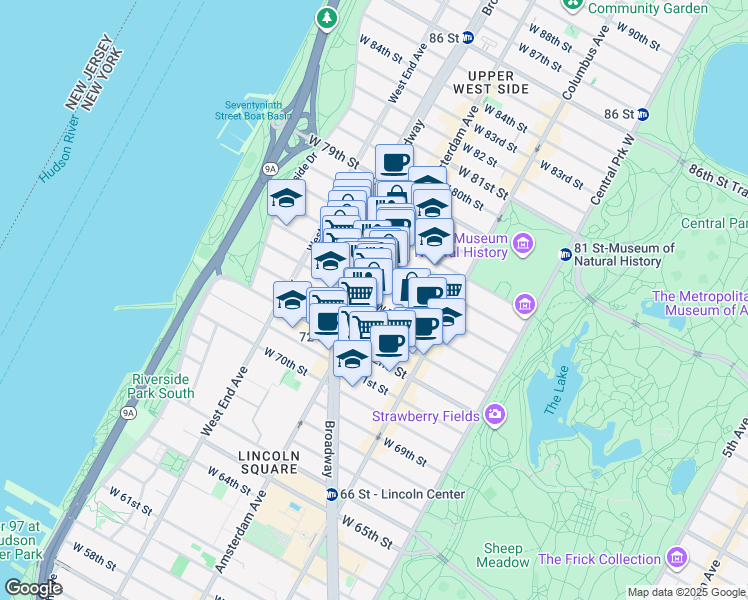map of restaurants, bars, coffee shops, grocery stores, and more near 301 Amsterdam Avenue in New York