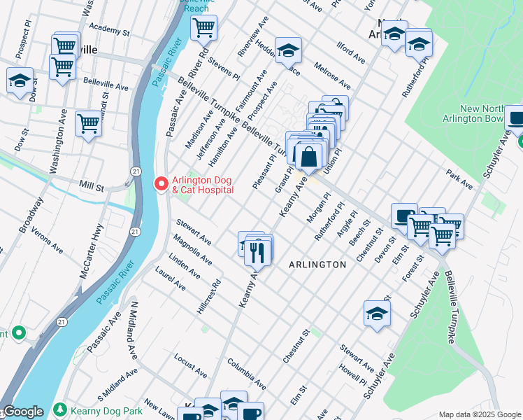 map of restaurants, bars, coffee shops, grocery stores, and more near 80 Pleasant Place in Kearny