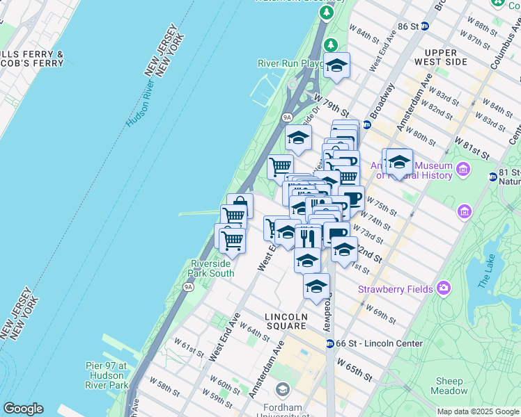 map of restaurants, bars, coffee shops, grocery stores, and more near 351 West 71st Street in New York
