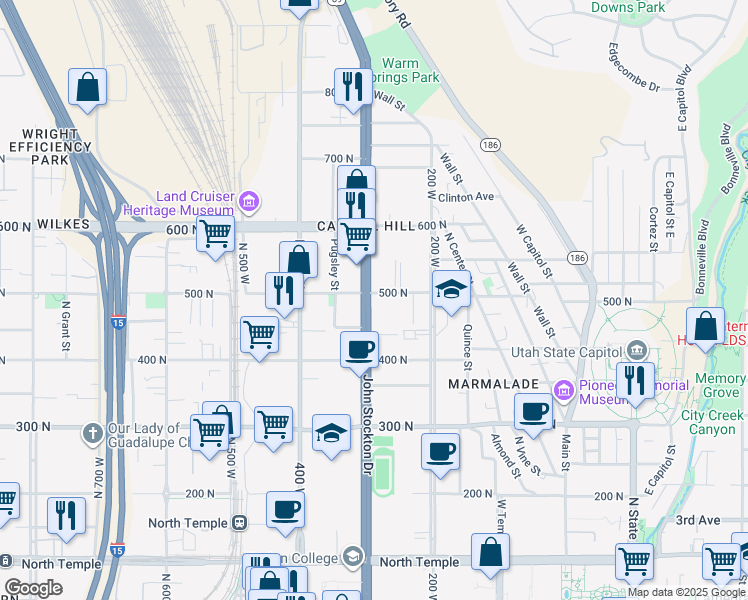 map of restaurants, bars, coffee shops, grocery stores, and more near 480 North 300 West in Salt Lake City